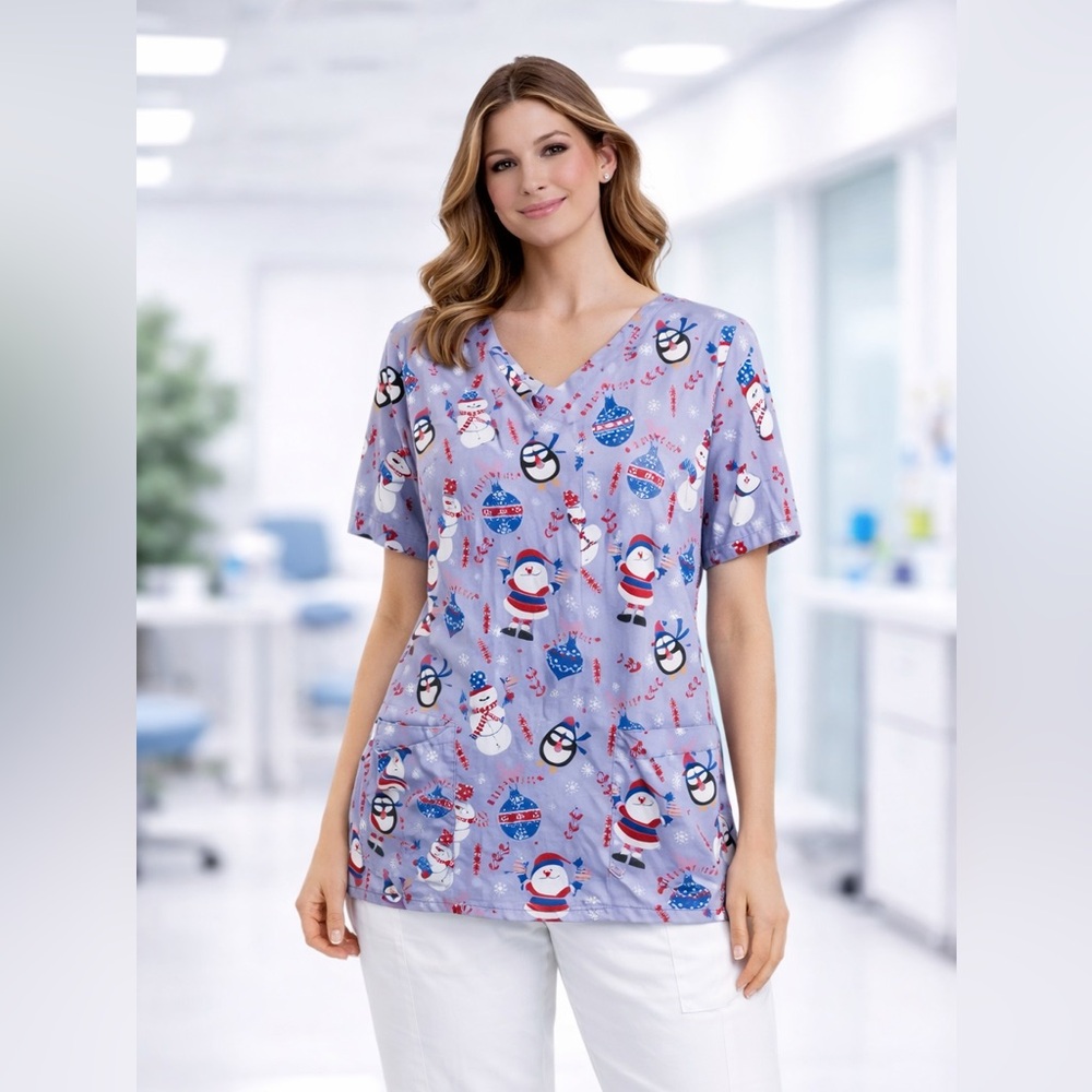 Festive Snowman and Penguin Print Scrub Top